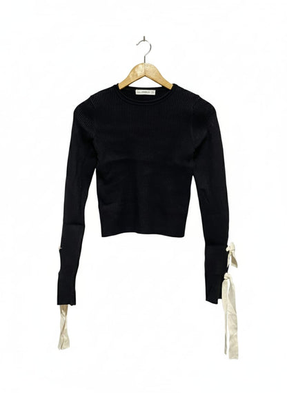 ZARA KNIT |S| BUST 14| Black Fitted Ribbed Sweater with Cream/White Bow Cuffs
