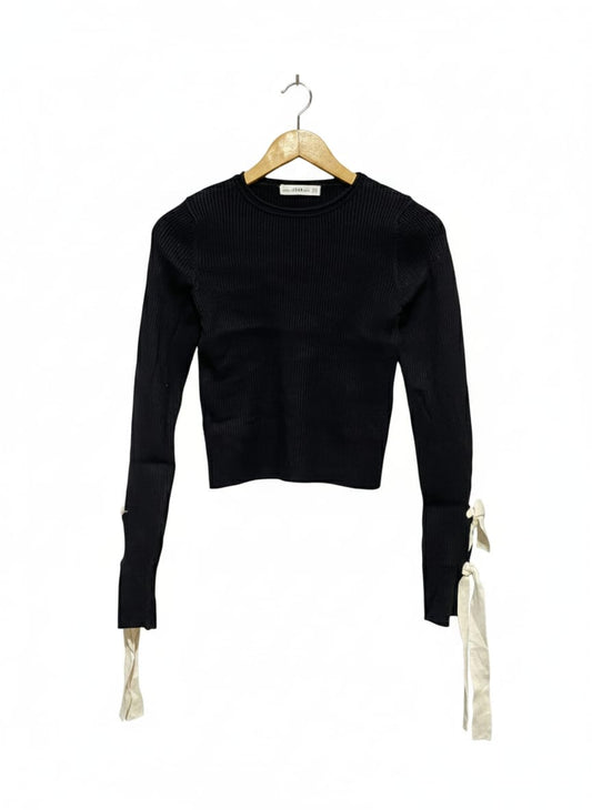 ZARA KNIT |S| BUST 14| Black Fitted Ribbed Sweater with Cream/White Bow Cuffs