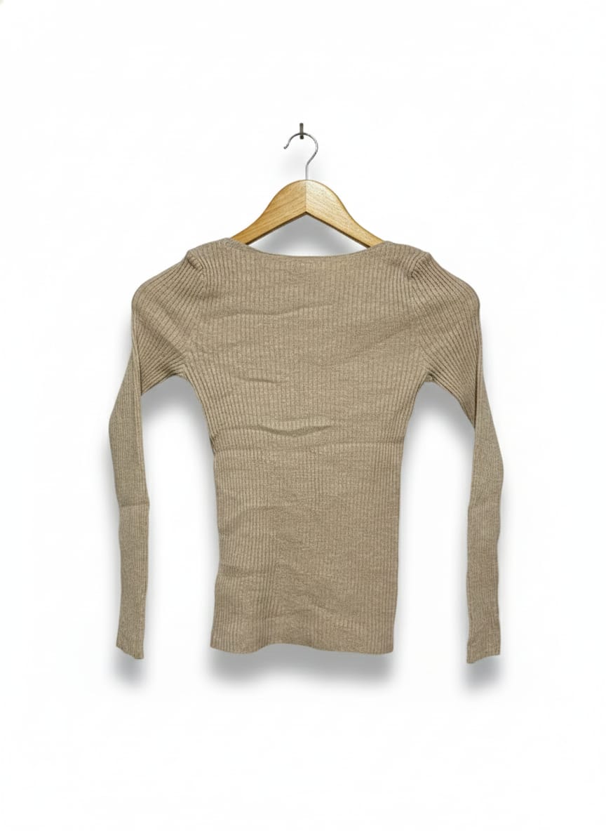 SHEIN |XS| BUST 13| Fitted Ribbed Knit Long-Sleeve Top in a Warm Beige/Taupe