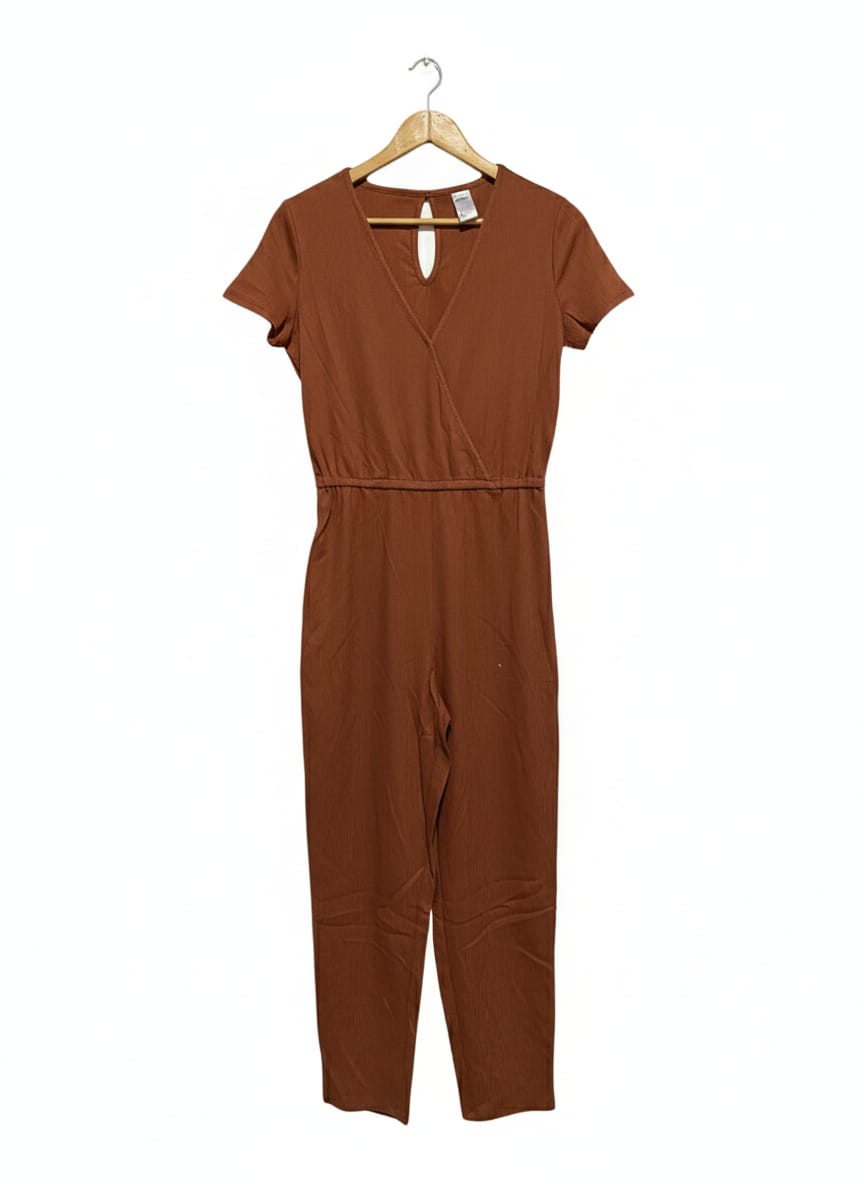 ANKO |M| BUST 17| Short-Sleeve Wrap Jumpsuit in a Terracotta/Burnt Orange