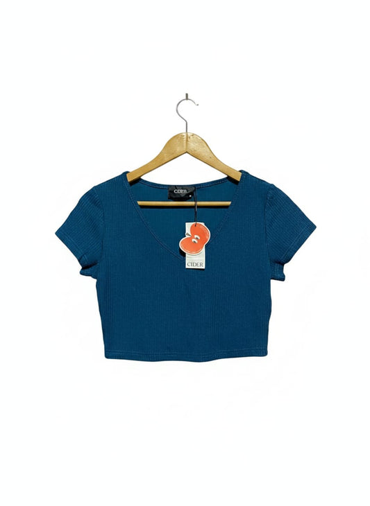 CIDER |M| BUST 16| Teal Ribbed V-Neck Crop Top