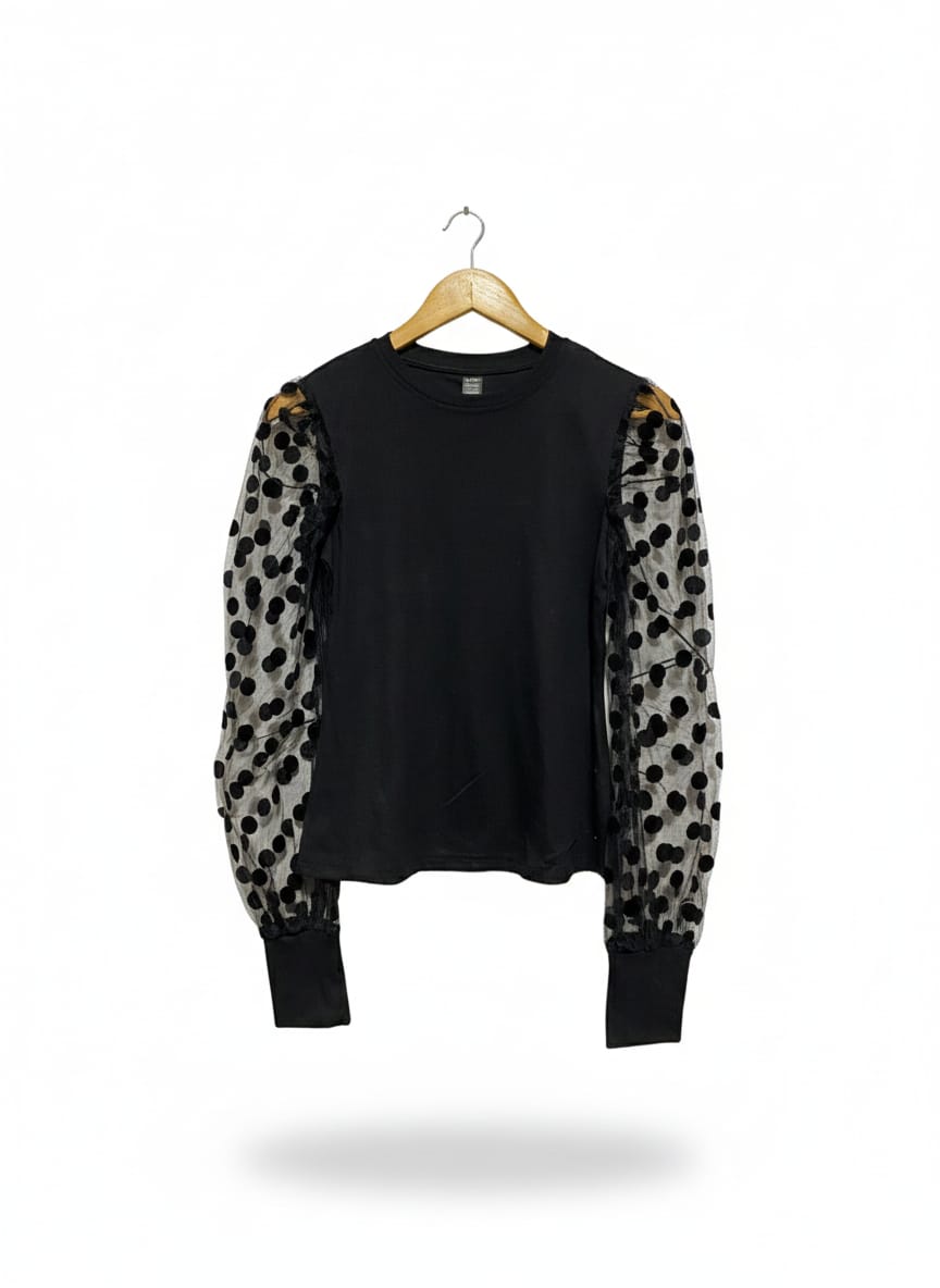 SHEIN |L| BUST 16| Black Sheer Polka-Dot Sleeve Top
