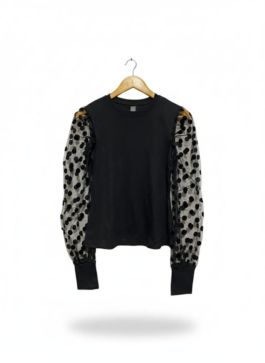 SHEIN |L| BUST 16| Black Sheer Polka-Dot Sleeve Top