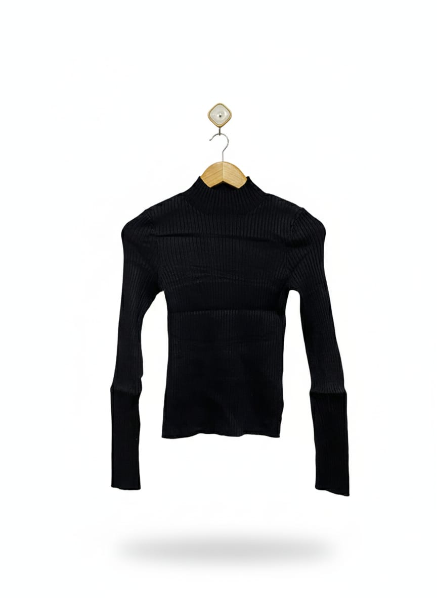LILY LOVES |XS| BUST 13| Black Ribbed Mock-Neck Top