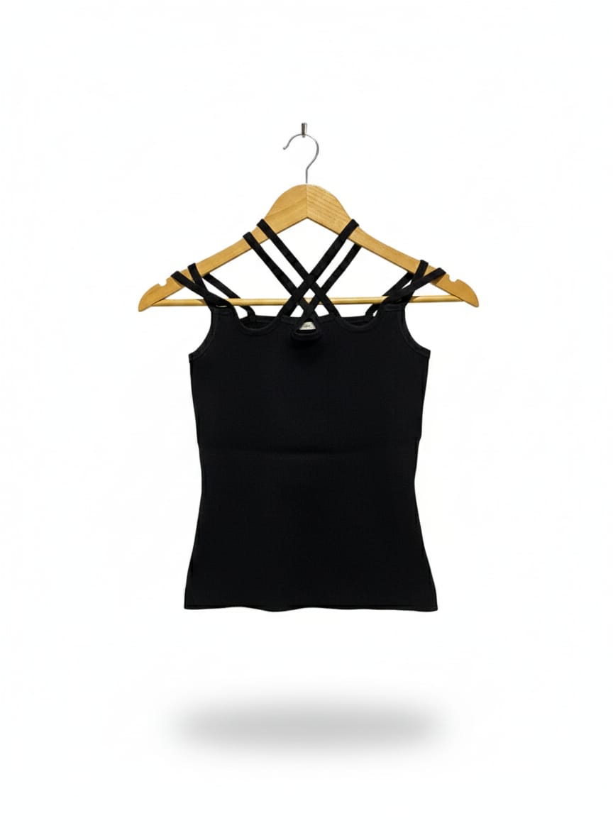 JOHNNY |S| |BUST 12| Black Strappy Ribbed Tank Top