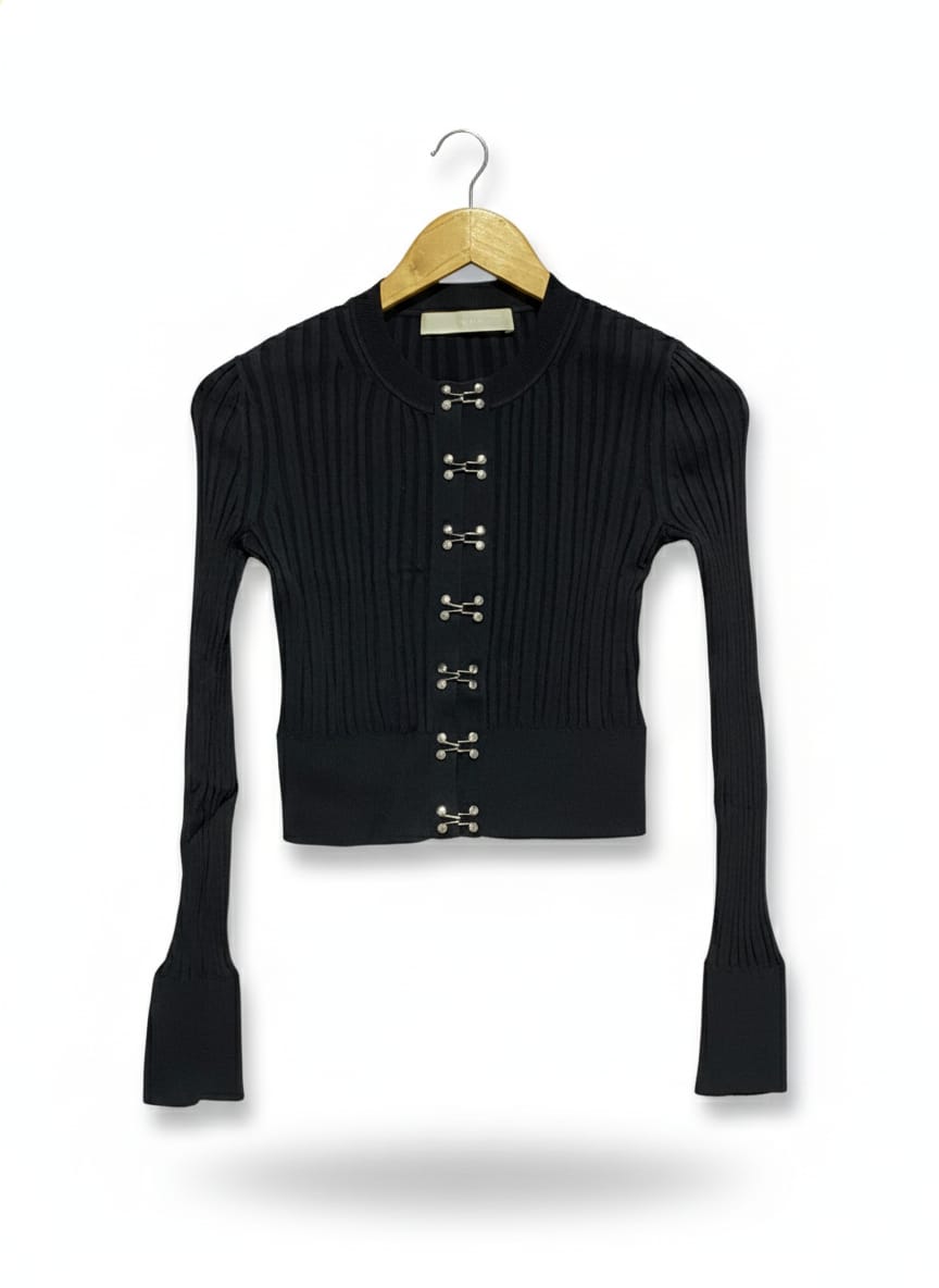DIDA LEE |XS| BUST 13| Black Ribbed Hook-and-Eye Cardigan