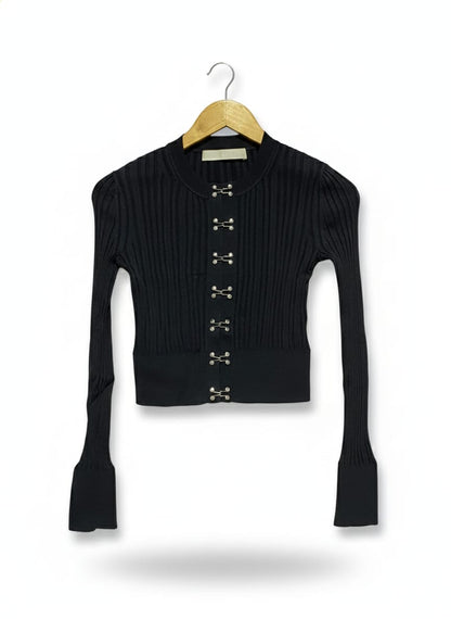 DIDA LEE |XS| BUST 13| Black Ribbed Hook-and-Eye Cardigan