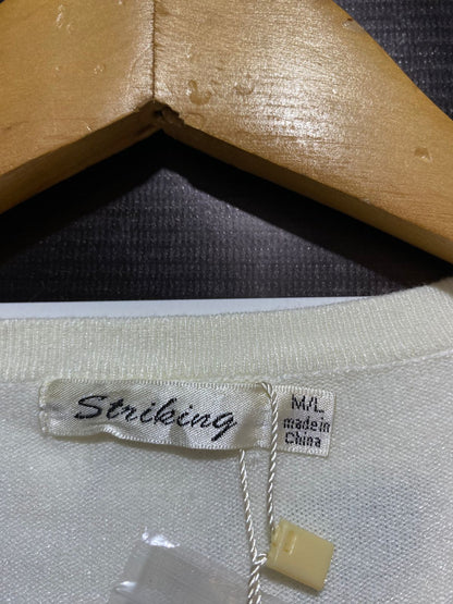 STRIKING| M/L| BUST 15| Fitted Ribbed Knit V-Neck Cardigan in a White or Cream