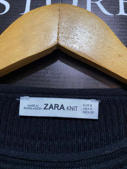ZARA KNIT |S| BUST 14| Black Fitted Ribbed Sweater with Cream/White Bow Cuffs
