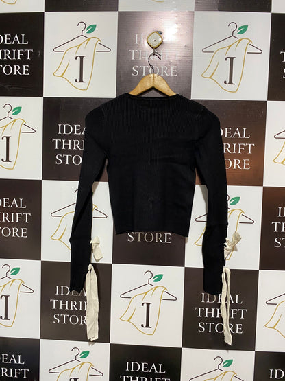 ZARA KNIT |S| BUST 14| Black Fitted Ribbed Sweater with Cream/White Bow Cuffs