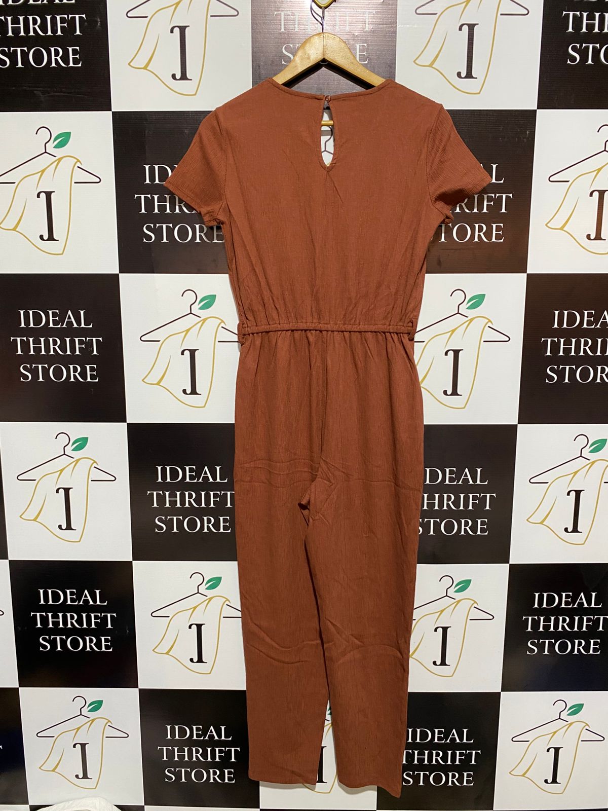 ANKO |M| BUST 17| Short-Sleeve Wrap Jumpsuit in a Terracotta/Burnt Orange