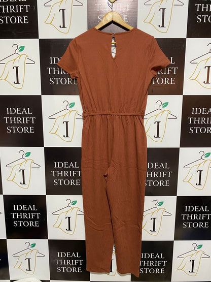 ANKO |M| BUST 17| Short-Sleeve Wrap Jumpsuit in a Terracotta/Burnt Orange