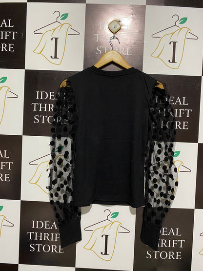 SHEIN |L| BUST 16| Black Sheer Polka-Dot Sleeve Top