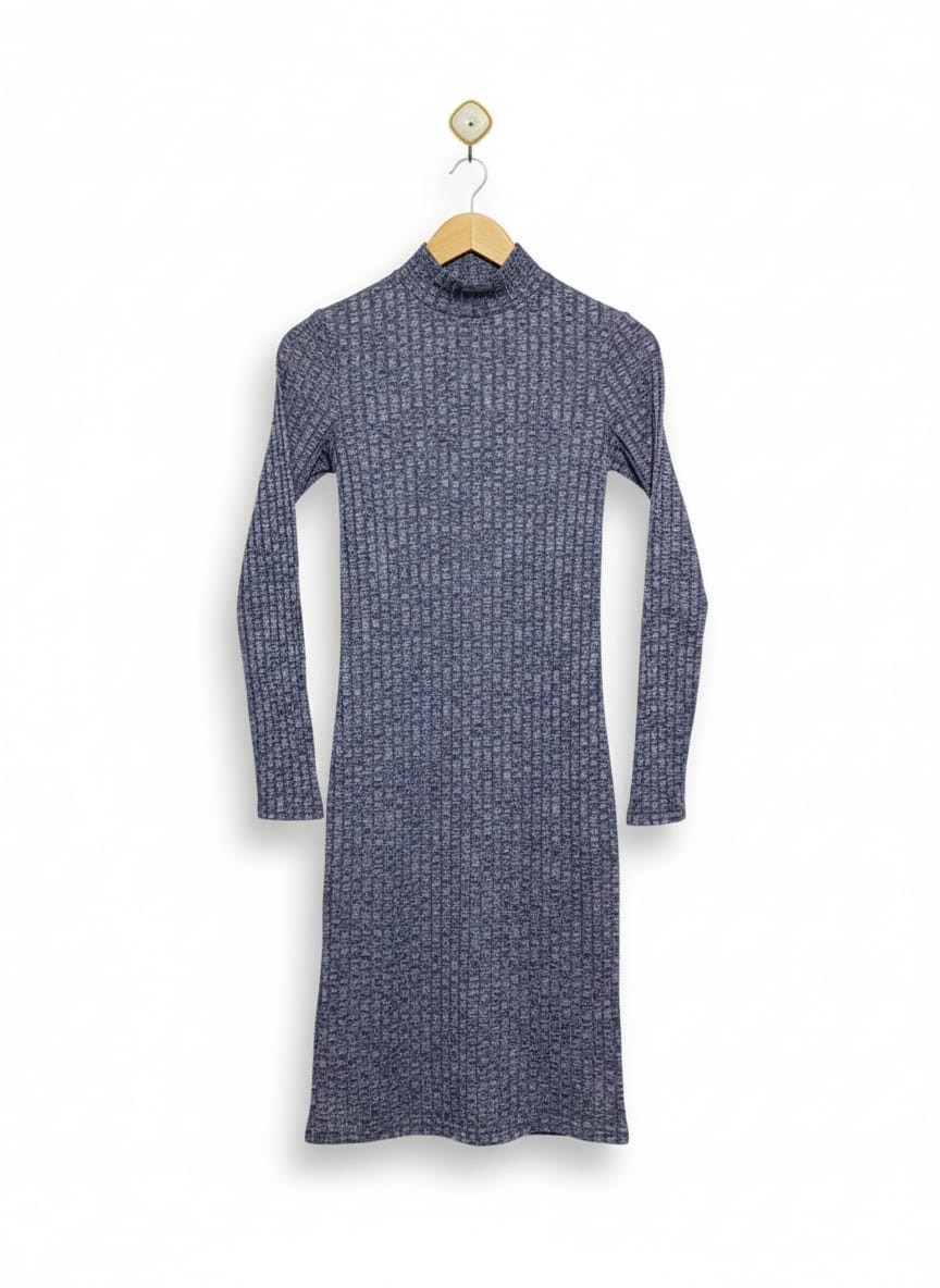 FRENCH CONNECTION |M| BUST 13| Grey Ribbed Roll Neck Midi Dress