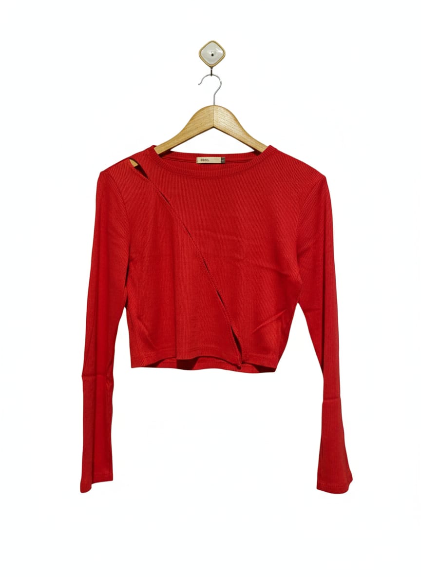 POOL |L| BUST 17| Red Long-Sleeve Ribbed Crop Top With a Unique Diagonal Wrap-Front Design