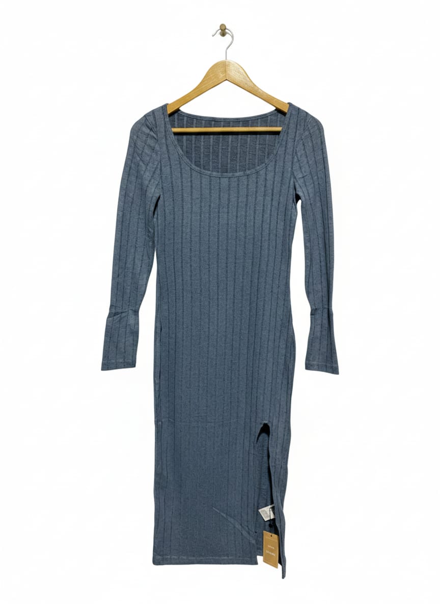 SHEIN |S| BUST 15| Grey Long-Sleeve Ribbed Knit Midi Dress