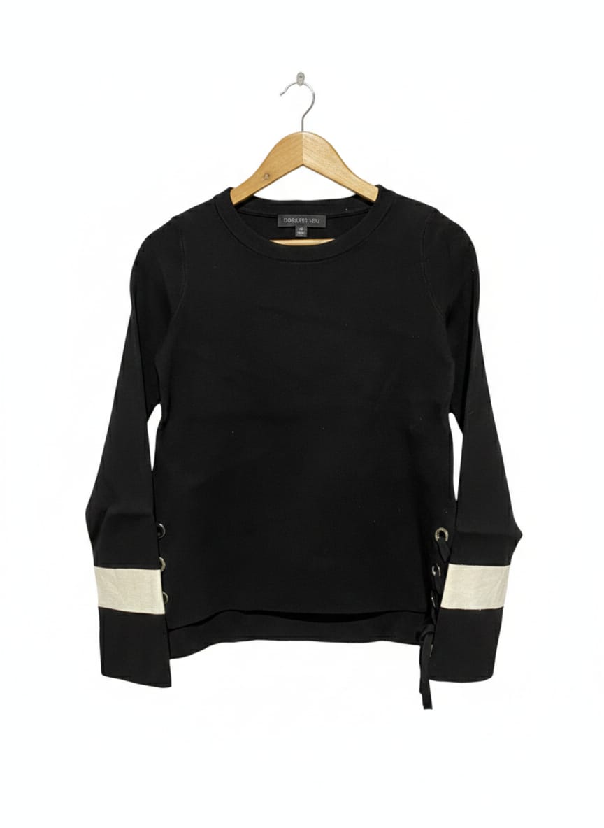 FOR EVER NEW |XS| BUST 17| Black Crewneck Sweater With Contrast White Bands And Lace-Up Details On The Sleeves