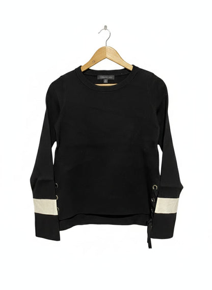 FOR EVER NEW |XS| BUST 17| Black Crewneck Sweater With Contrast White Bands And Lace-Up Details On The Sleeves