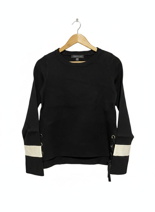 FOR EVER NEW |XS| BUST 17| Black Crewneck Sweater With Contrast White Bands And Lace-Up Details On The Sleeves