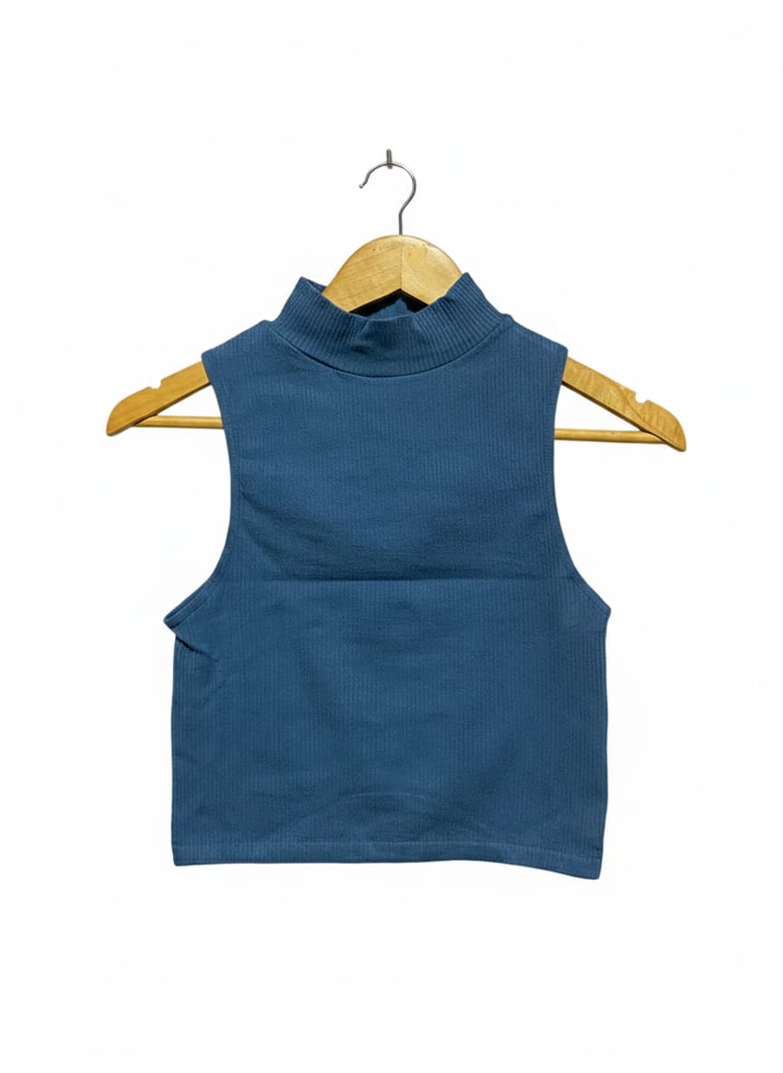 ZARA |M| BUST 13| Blue Ribbed Sleeveless Mock Neck Crop Top