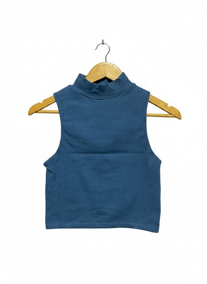 ZARA |M| BUST 13| Blue Ribbed Sleeveless Mock Neck Crop Top