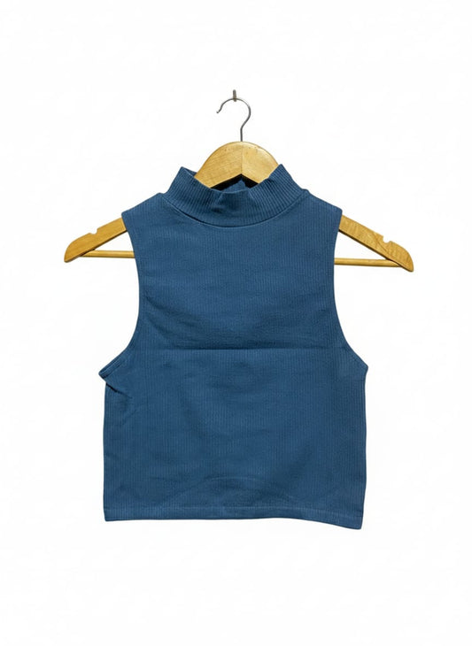ZARA |M| BUST 13| Blue Ribbed Sleeveless Mock Neck Crop Top