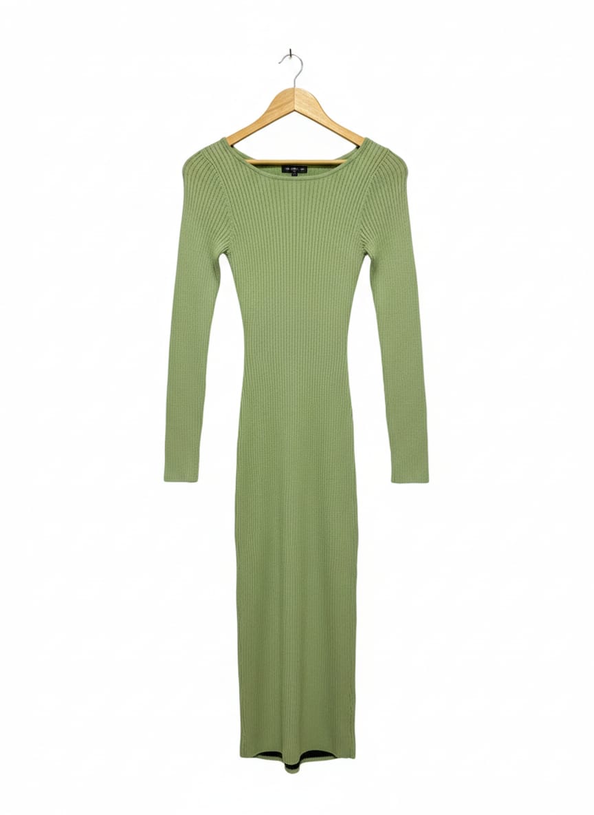PERFECT STRANGER |M| BUST 13| Light Green Long-Sleeve Ribbed Knit Midi Dress