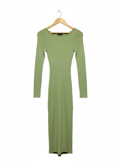PERFECT STRANGER |M| BUST 13| Light Green Long-Sleeve Ribbed Knit Midi Dress