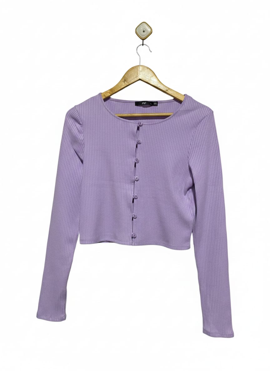 SPORTSGIRL |L| BUST 16| Purple or Lilac Ribbed Long-Sleeve Crop Top/Cardigan
