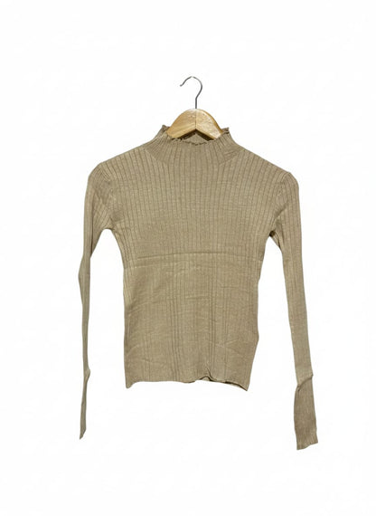 COTTON ON |S| BUST 14| Beige or Tan High-Neck, Long-Sleeved Ribbed Knit Top or Sweater