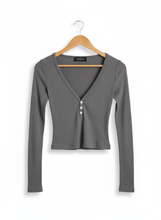 WHITE FOX |S| BUST 14| B1| Ribbed V-Neck Long-Sleeve Crop Top