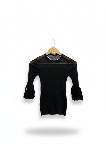CUE |S| BUST 11| Black Sheer-Sleeved Ribbed-Knit Top