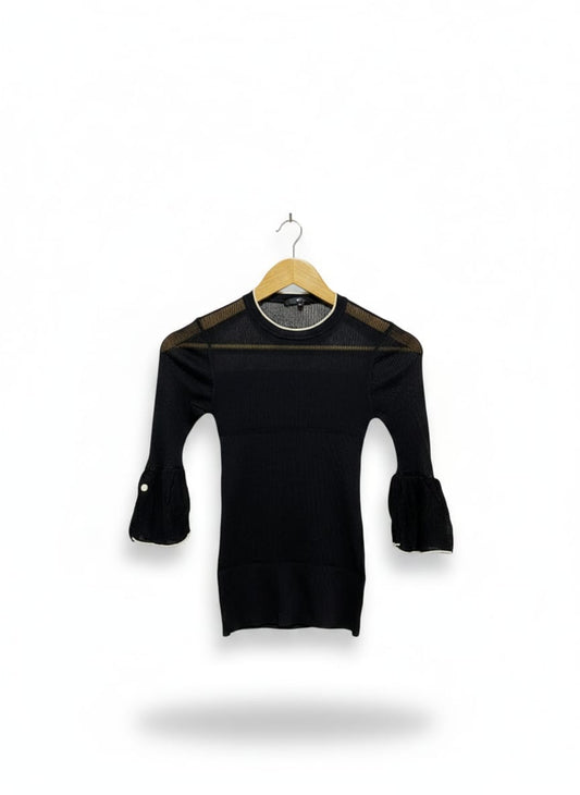 CUE |S| BUST 11| Black Sheer-Sleeved Ribbed-Knit Top