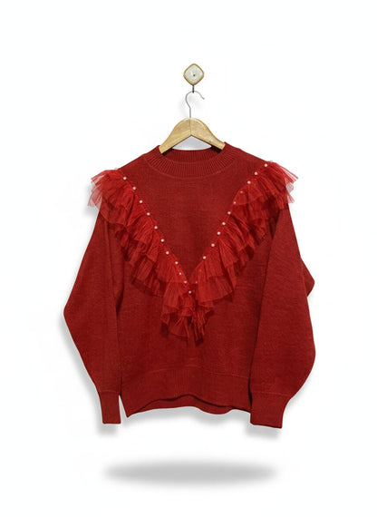Red Long-Sleeved Sweater Tulle or Organza Ruffles Faux Pearl Embellishments |L| BUST 22|