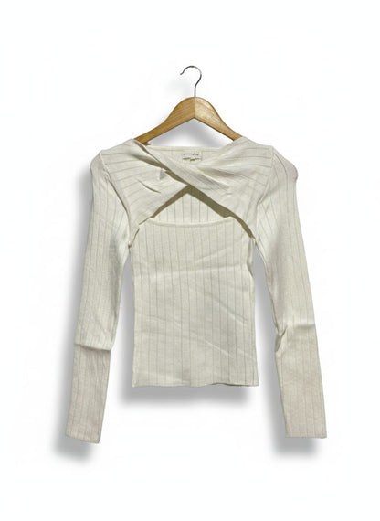 WINNIE & CO |XS| BUST 11| White Ribbed Long-Sleeve Top with a Unique Twist-Front