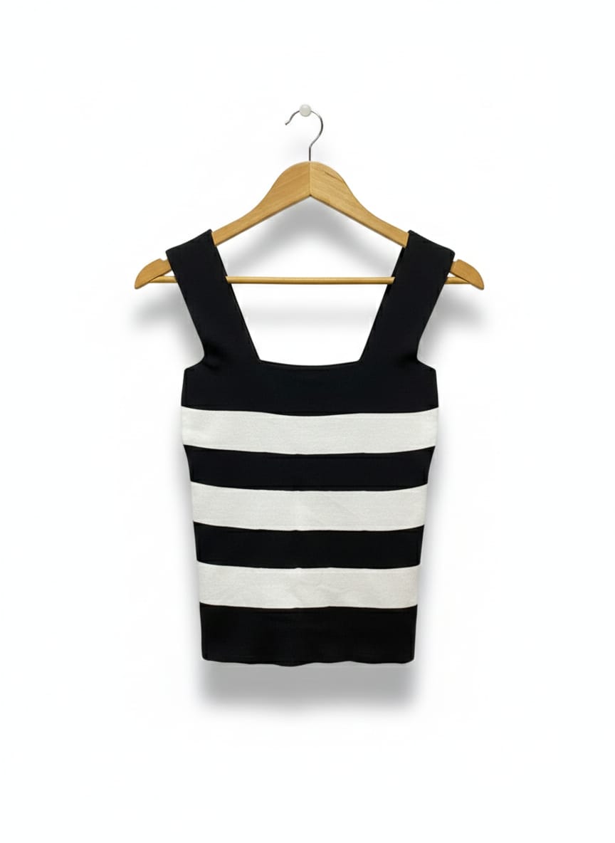 Black And White Striped Square-Neck Knit Top |M| BUST 13|