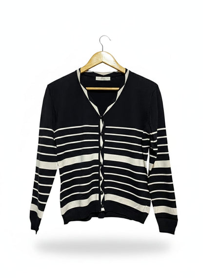 LIN WOMAM |M/ L| Black and White Striped V-Neck Cardigan