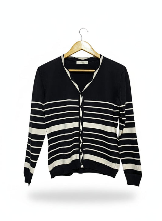 LIN WOMAM |M/ L| Black and White Striped V-Neck Cardigan