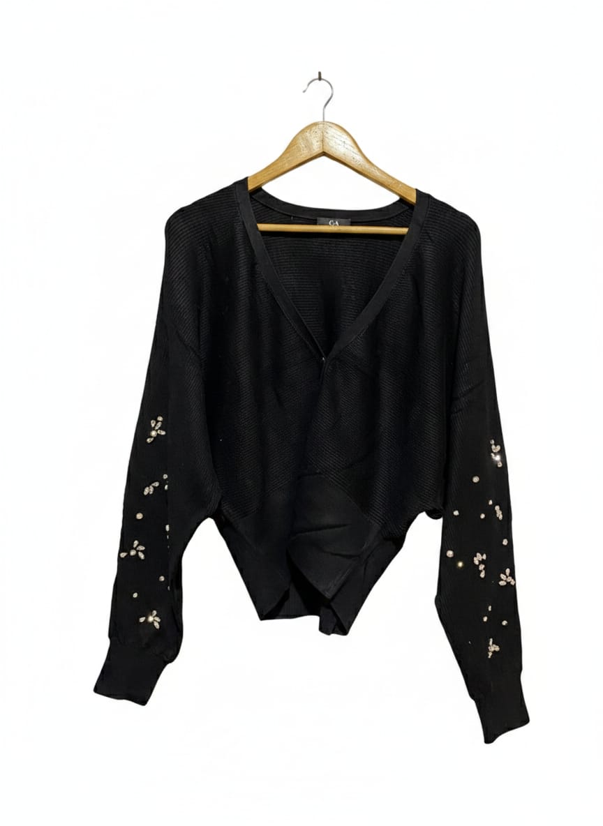 C&A |M| BUST 24| Black V-Neck Wrap-Style Sweater With Faux Pearl Embellishments