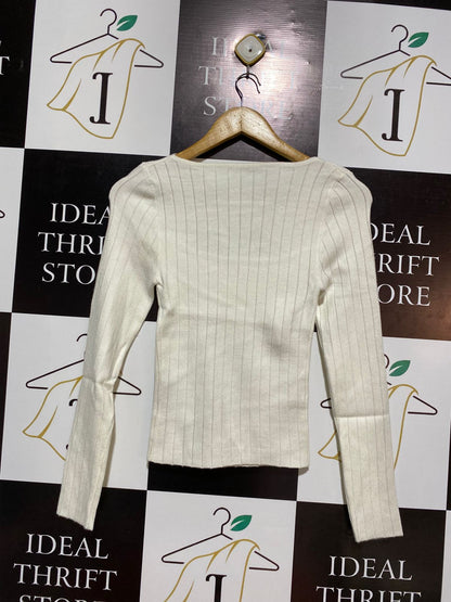 WINNIE & CO |XS| BUST 11| White Ribbed Long-Sleeve Top with a Unique Twist-Front