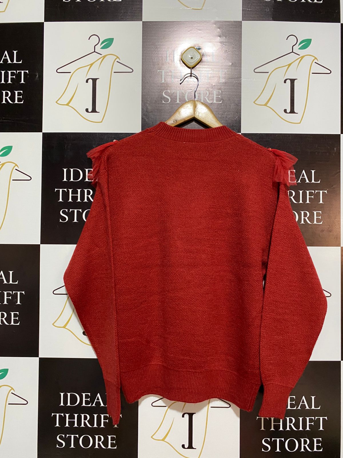 Red Long-Sleeved Sweater Tulle or Organza Ruffles Faux Pearl Embellishments |L| BUST 22|