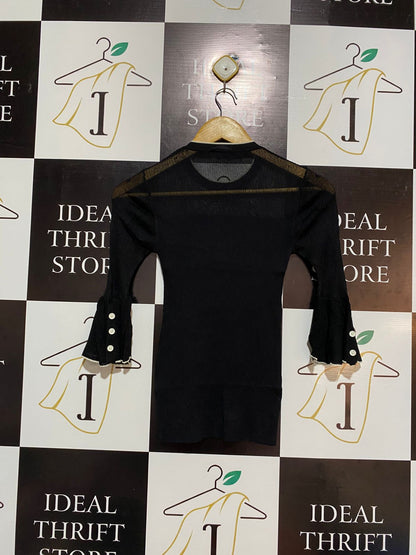 CUE |S| BUST 11| Black Sheer-Sleeved Ribbed-Knit Top