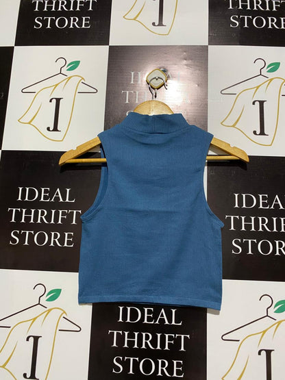 ZARA |M| BUST 13| Blue Ribbed Sleeveless Mock Neck Crop Top