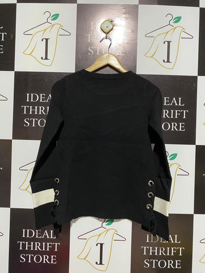 FOR EVER NEW |XS| BUST 17| Black Crewneck Sweater With Contrast White Bands And Lace-Up Details On The Sleeves