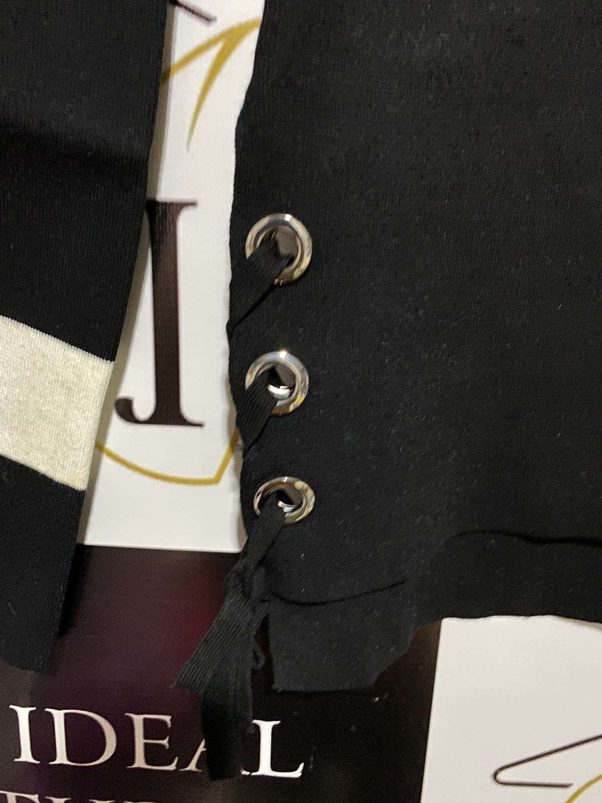 FOR EVER NEW |XS| BUST 17| Black Crewneck Sweater With Contrast White Bands And Lace-Up Details On The Sleeves