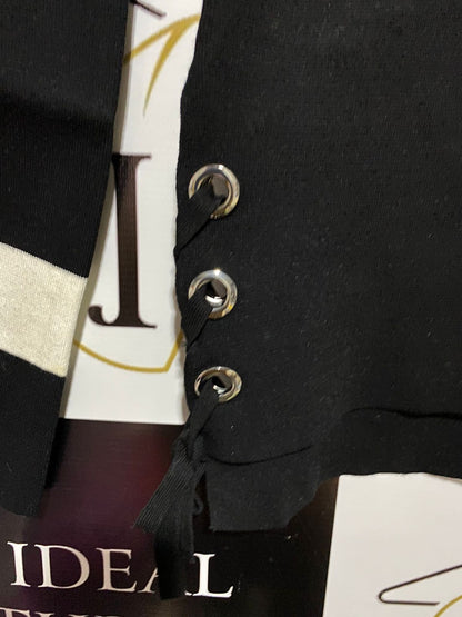 FOR EVER NEW |XS| BUST 17| Black Crewneck Sweater With Contrast White Bands And Lace-Up Details On The Sleeves