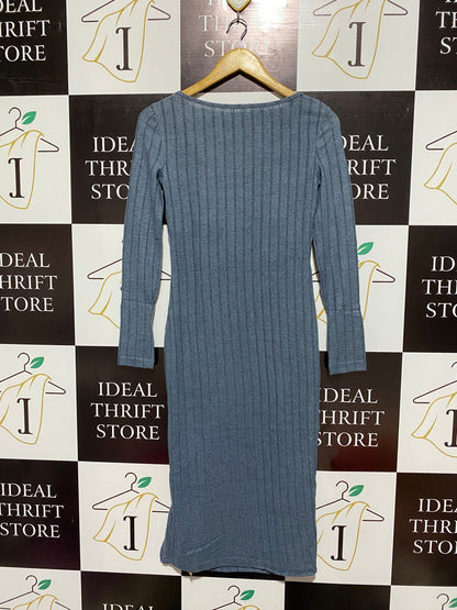 SHEIN |S| BUST 15| Grey Long-Sleeve Ribbed Knit Midi Dress