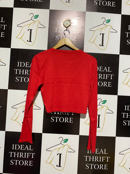 POOL |L| BUST 17| Red Long-Sleeve Ribbed Crop Top With a Unique Diagonal Wrap-Front Design