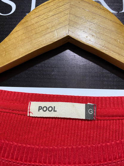 POOL |L| BUST 17| Red Long-Sleeve Ribbed Crop Top With a Unique Diagonal Wrap-Front Design