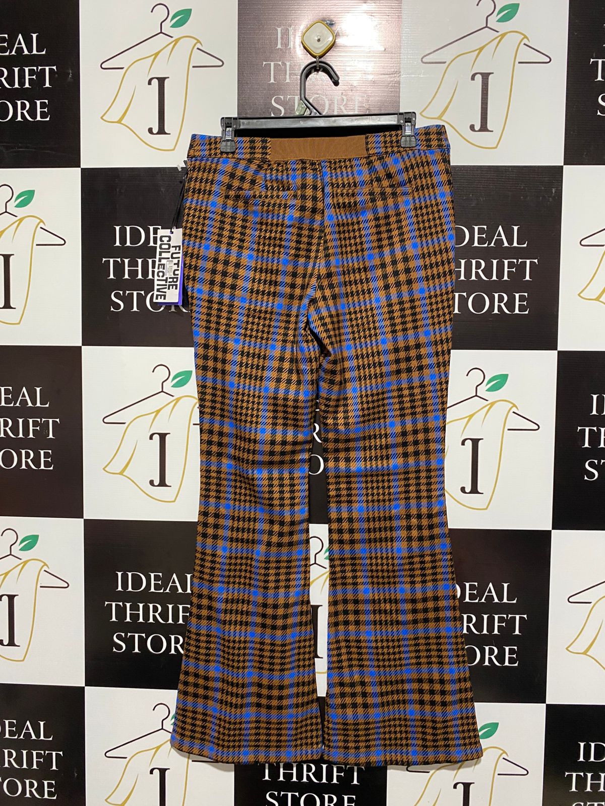 FUTURE COLLECTIVE|L|WAIST 32|Kahlana Barfield Brown Plaid Flare Pants